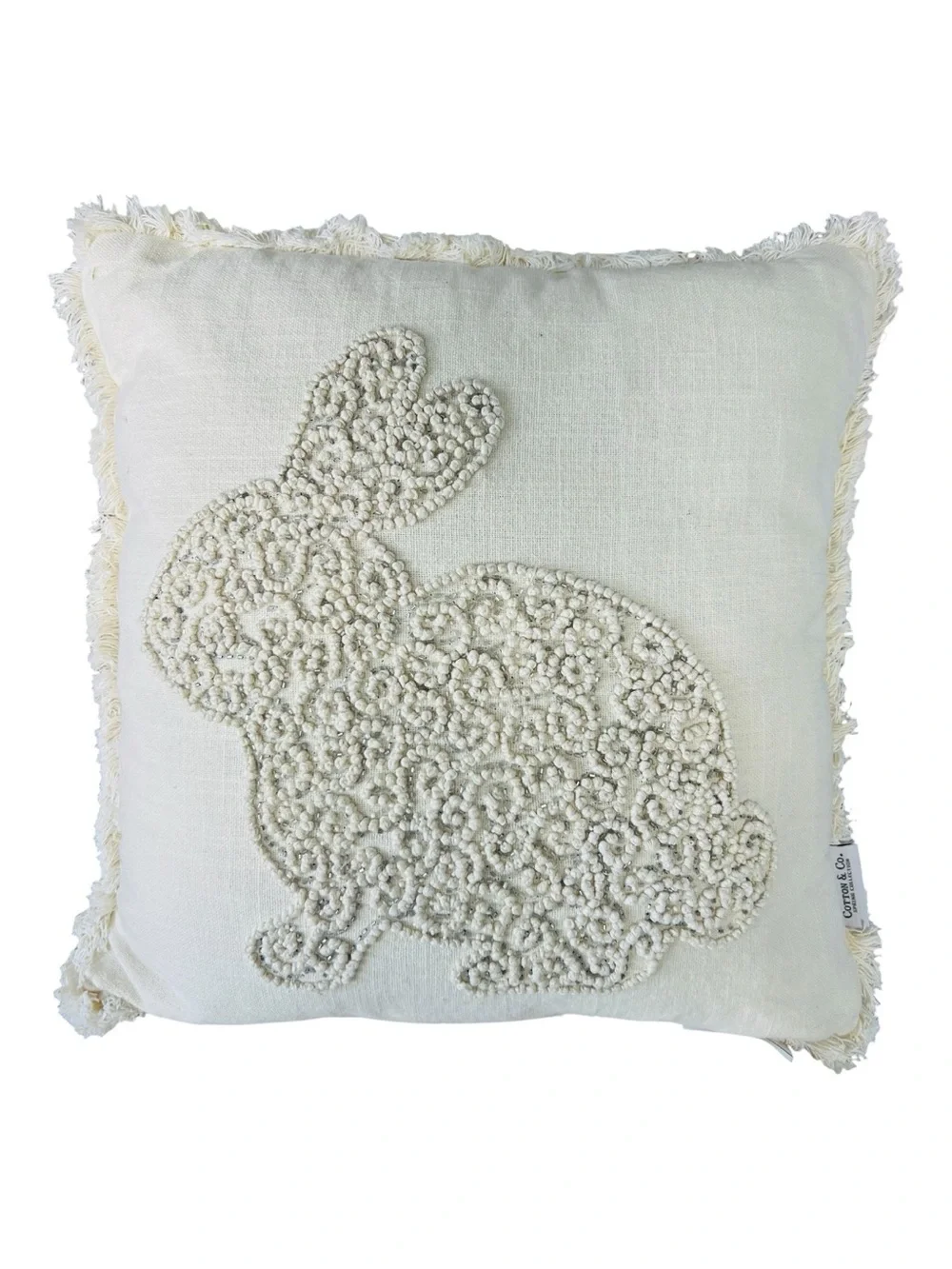 Cotton & Co Ivory Beaded Bunny Rabbit Throw Pillow 18x18 Fringe Easter Spring
